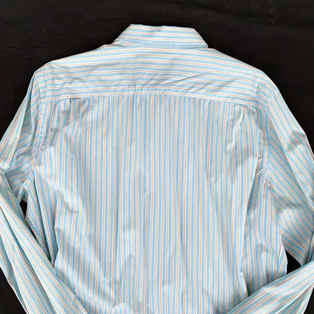 Banana Republic Fitted L 16-16 1/2 Aqua Blue,Tan & White Stripe Cotton Shirt